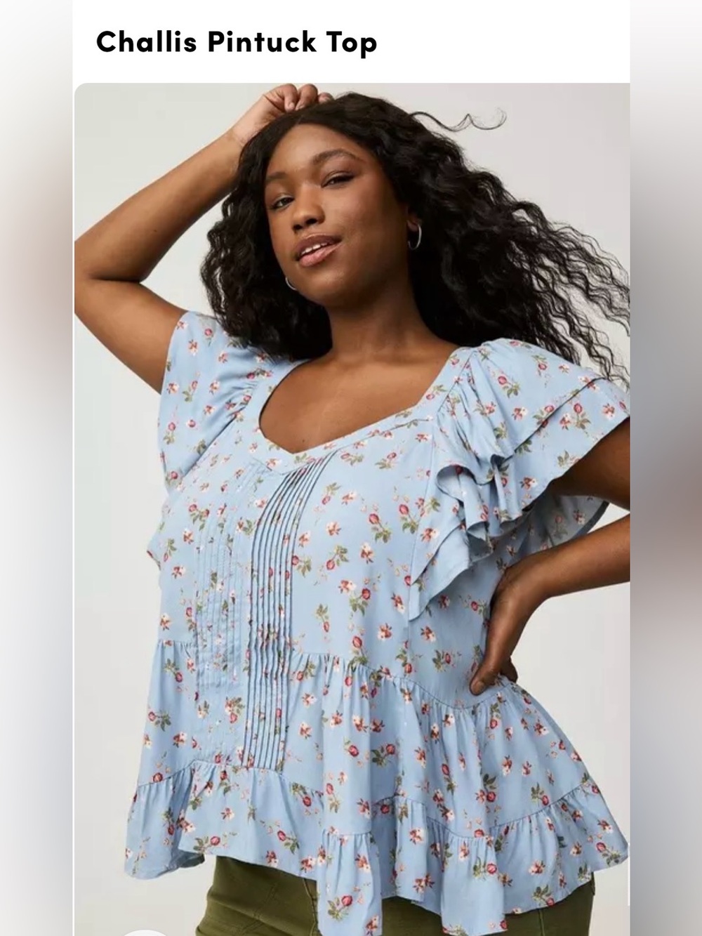 torrid Light Blue Floral Pintuck Ruffle Sleeve Top